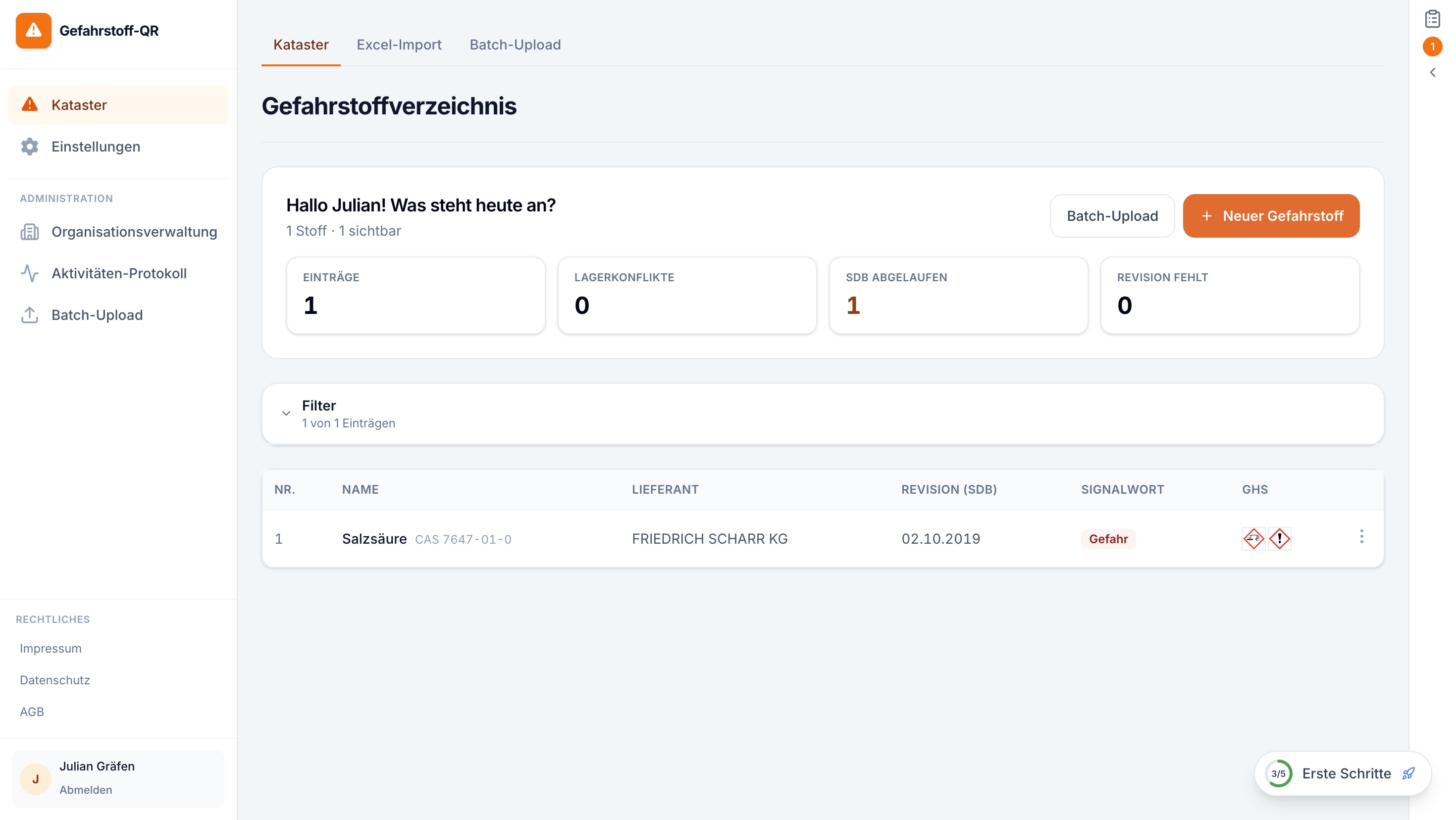 Cloud-Dashboard Gefahrstoffverzeichnis